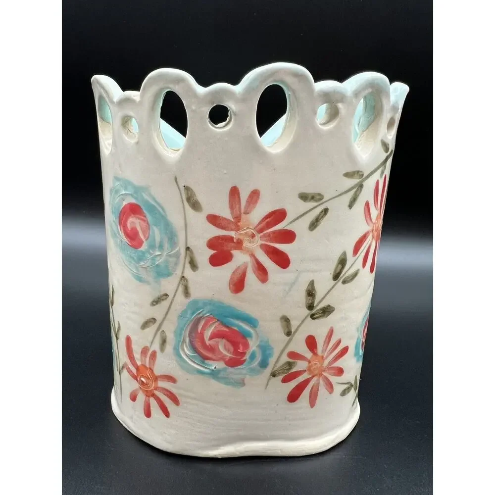 Deb Babcock Blue Sky Art Pottery Vase 5.5” Fox & Florals Whimsical Signed